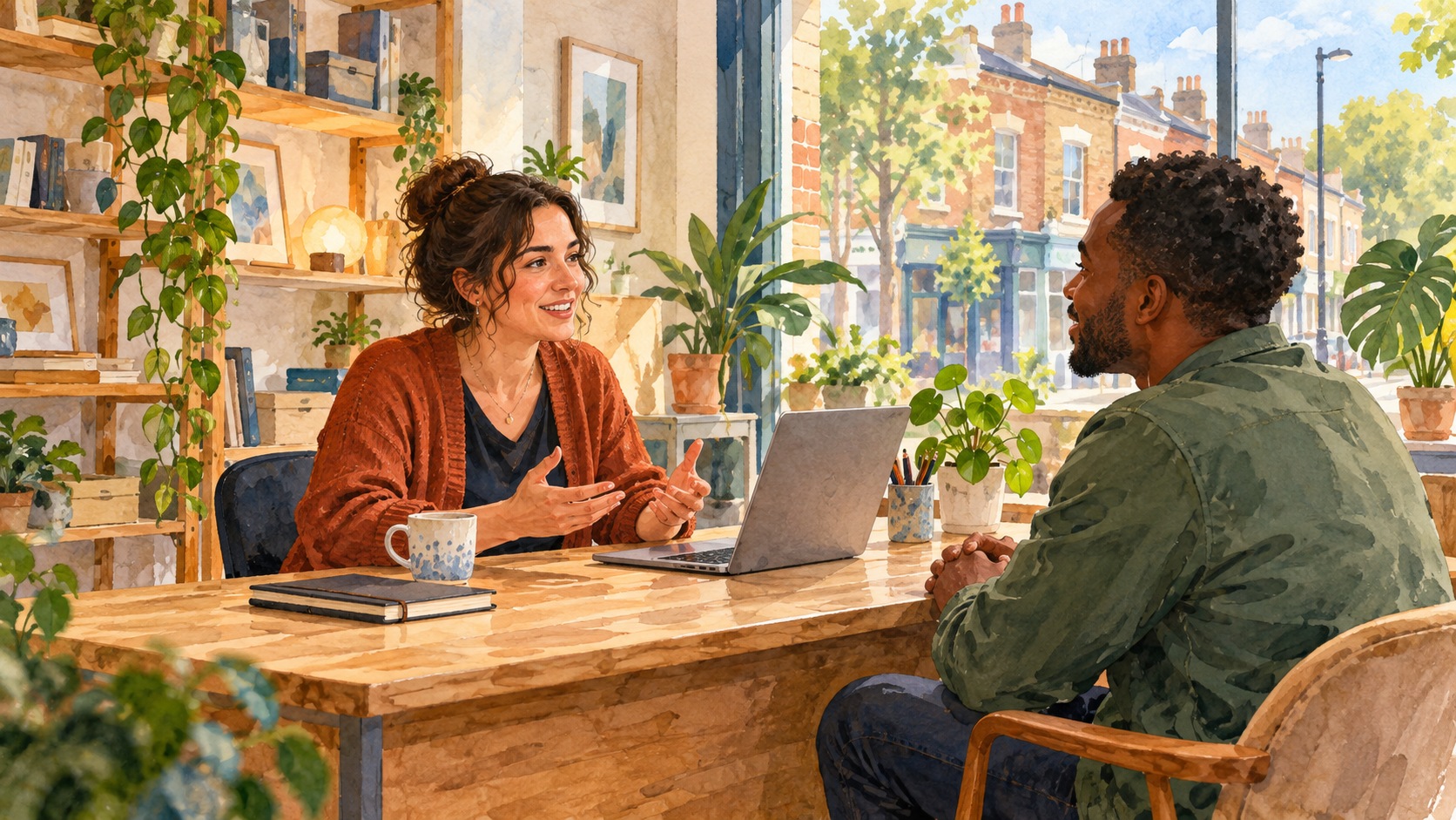 Representative watercolour illustration of a Croydon business owner helping a customer