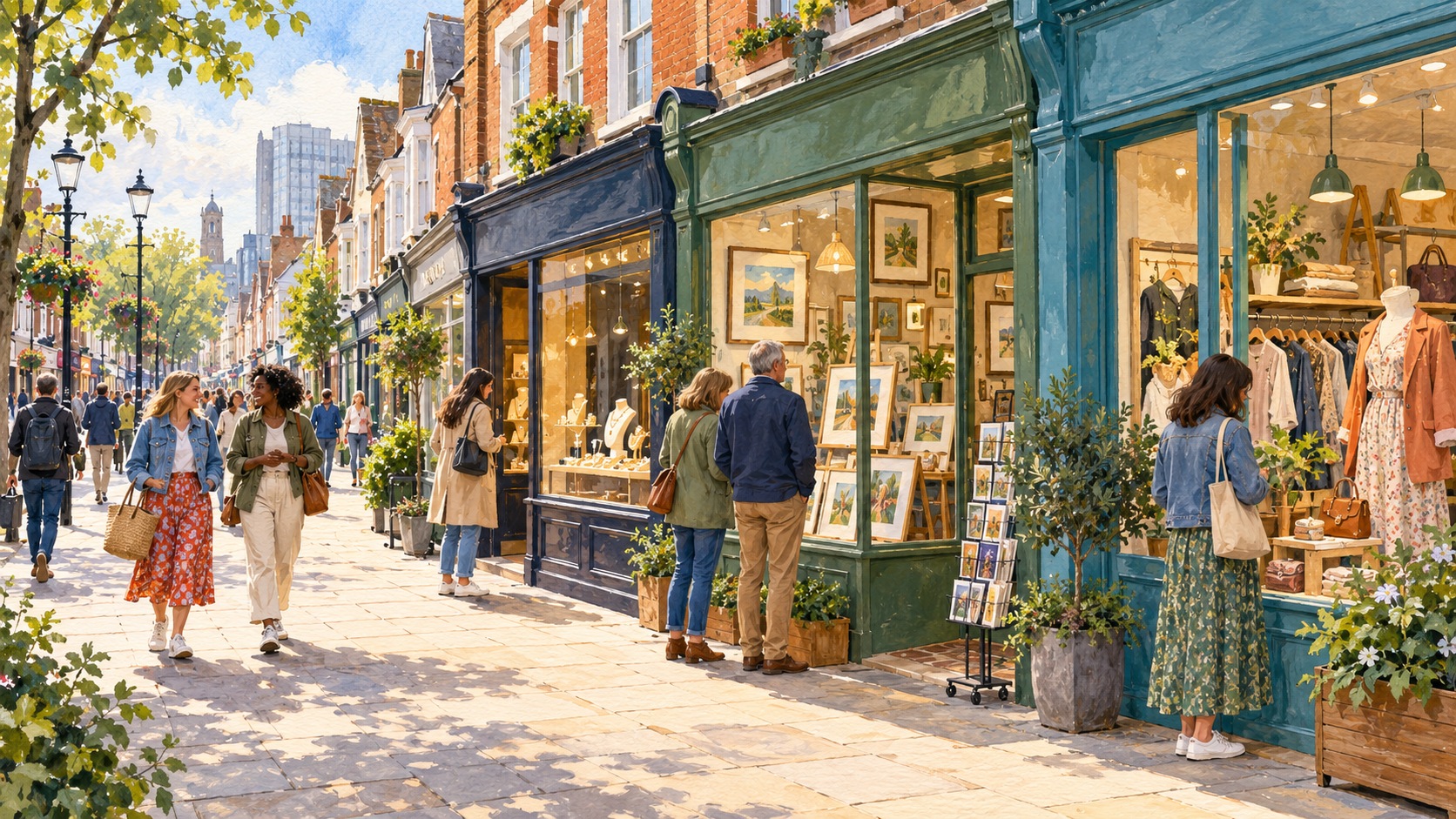 Representative watercolour illustration of independent shops and shoppers in Croydon